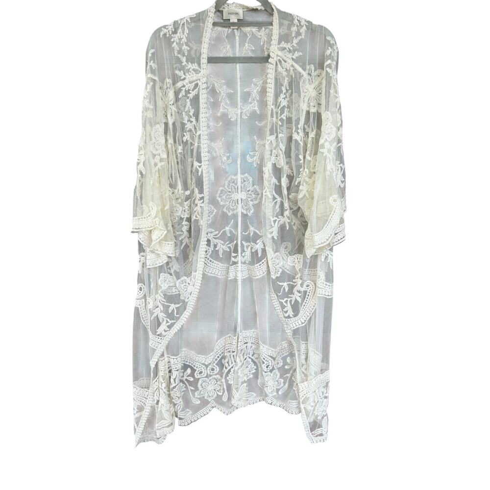 Boho Ivory Embroidered Mesh Lace Kimono Duster Sheer Festival Cardigan L